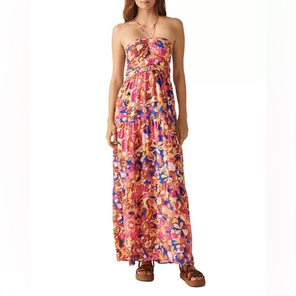 ba&sh Safia Halter Maxi Dress Colorful Tiered Cutout Sleeveless Bandeau Size S